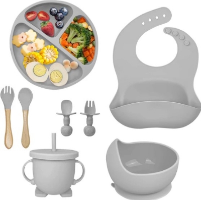 Picture of 8 pcs set Silicone Baby Feeding Set Dining Utensils for Baby Led Weaning Suction Plate Bowl with Sippy Cup Lid