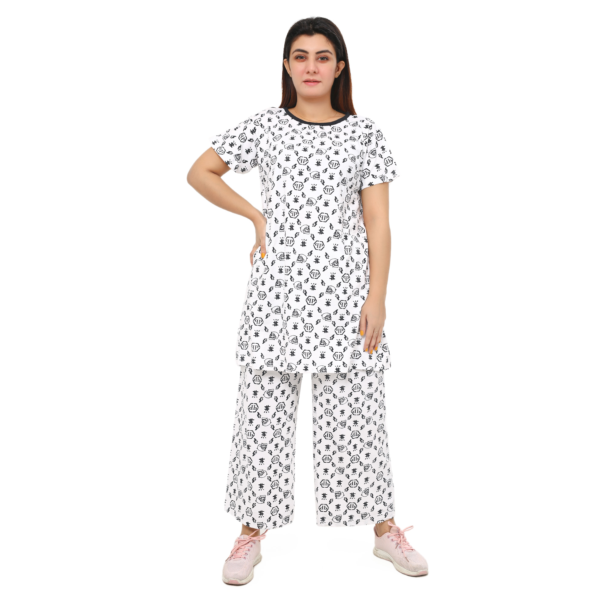 Picture of Long Tshirt with Palazzo Set for Women Multicolor Random Design Cotton