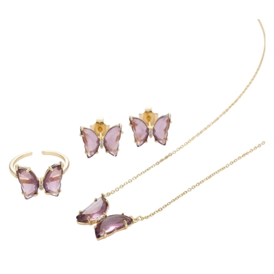 Picture of Purple Crystal Butterfly Hoop Earrings Ring Necklace Earrings Korean Luxury Fairy Girl Jewelry Set For Women Bijoux 2020 New