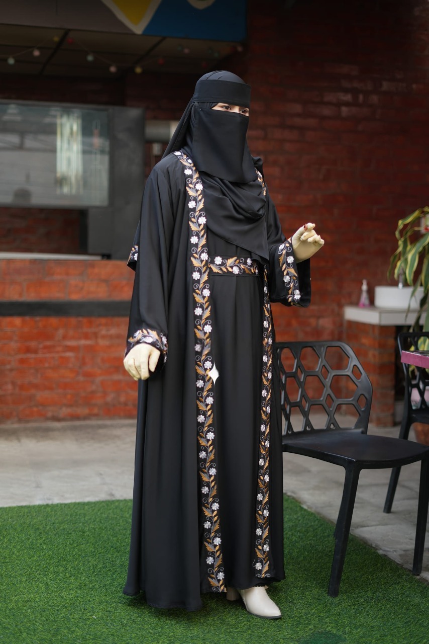 Picture of Abaya borka (5 Item Embroidery Borka ) (With Inner+Niqab+Hijab+Coati+Belt ) Dubai Charry Georget Stylish Embroidery Work Party Borka For Women