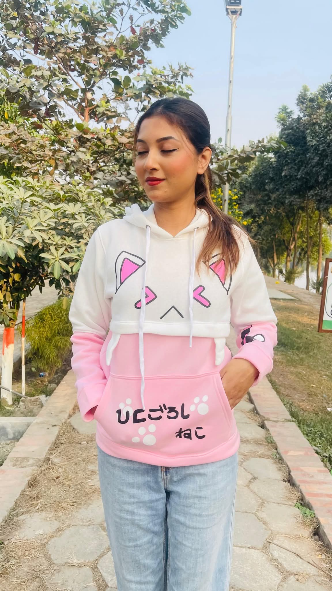Picture of Pikachu Hoolie Harajuku Pink Hoodies Cartoon Cat Printed Hooded Sweet Sweatshirt Women