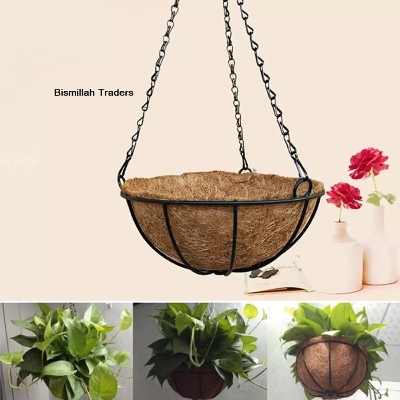 Picture of Flower Tub Pot Metal Hanging Planter Basket with Coco Coir Liner Round Wire Plant Holder with Chain