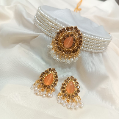 Picture of White, Magenta, gold, red & Pink Gold-Plated Pearls & CZ Studded Jewellery Set