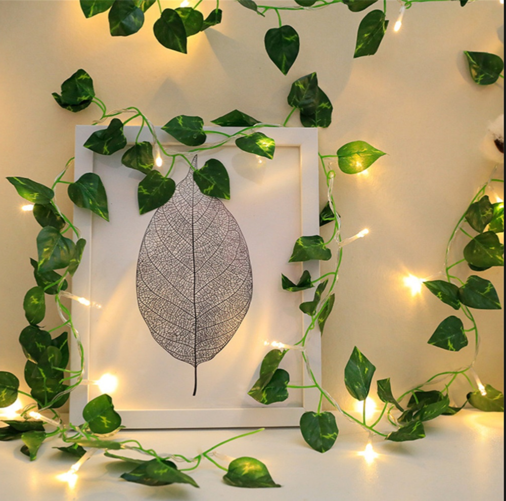 Picture of 2 Meter 20 LED String Lights Artificial Ivy Fake Garland Green Leaf Plants Vine Battery Operate Fairy String Lights Hanging for Wedding Party Home Wall Decor