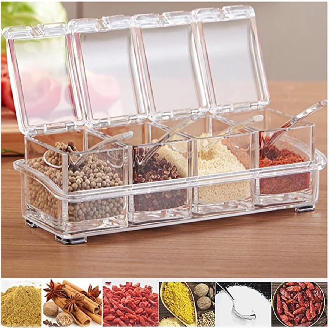 Picture of 4 Grid Acrylic Seasoning Spice Box Kit with Spoon Kitchen Masala Container Seasoning Organizers Crystal Spice Box, For Kitchen