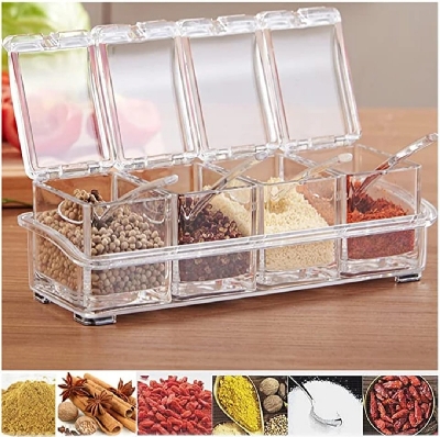 Picture of 4 Grid Acrylic Seasoning Spice Box Kit with Spoon Kitchen Masala Container Seasoning Organizers Crystal Spice Box, For Kitchen