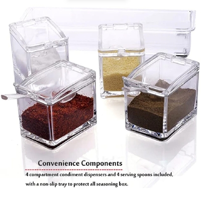 Picture of 4 Grid Acrylic Seasoning Spice Box Kit with Spoon Kitchen Masala Container Seasoning Organizers Crystal Spice Box, For Kitchen