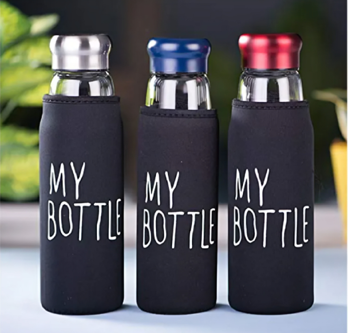 Picture of Stay Hydrated On The Go With The Jazz Style Water Bottle, Featuring A Sleek Design With An Aluminum Cap And Glass Construction For Durability.