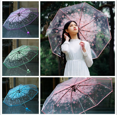 Picture of Folding Umbrella CLEAN TRANSPARENT STYLISH UMBRELLA, MUSHROOM SAKURA 3 FOLD RAIN UMBRELLA UNIC FOLLOWER PRINT FOR WEEDING