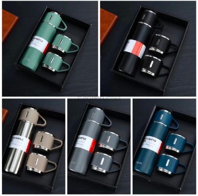 Picture of Steel Vacuum Flask Set With 3 Steel Cups Combo- 500MI Double-Layer Stainless Steel Thermos Tumbler Flask With Gift