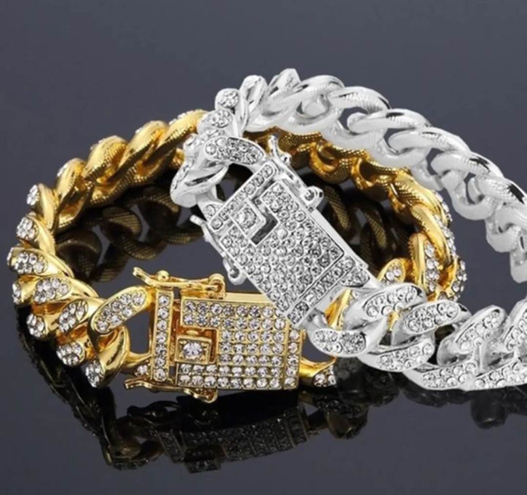 Picture of Men Cuban Link Chain Bracelet Shiny Rhinestone Inlaid Bangle Jewelry- Avant-garde