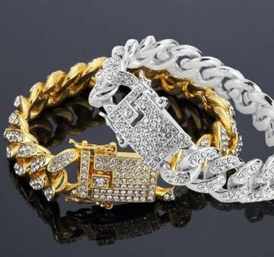 Picture of Men Cuban Link Chain Bracelet Shiny Rhinestone Inlaid Bangle Jewelry- Avant-garde