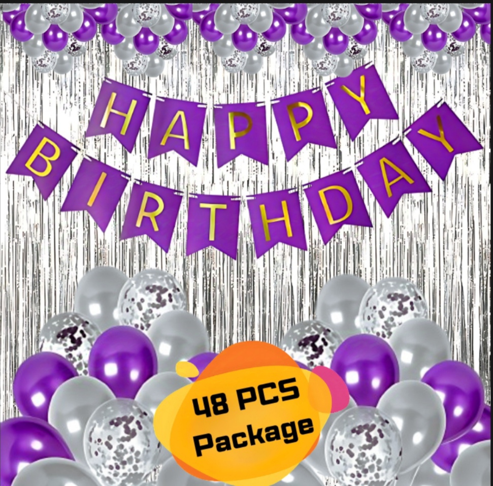 Picture of Purple Color Birthday Decoration Combo Pack With Birthday Banners, Silver Foil Curtains, Metallic Balloons, Blue Confetti and Balloon Garland Arch Decorations Kit Full Package- (Pack of 48 Pcs)
