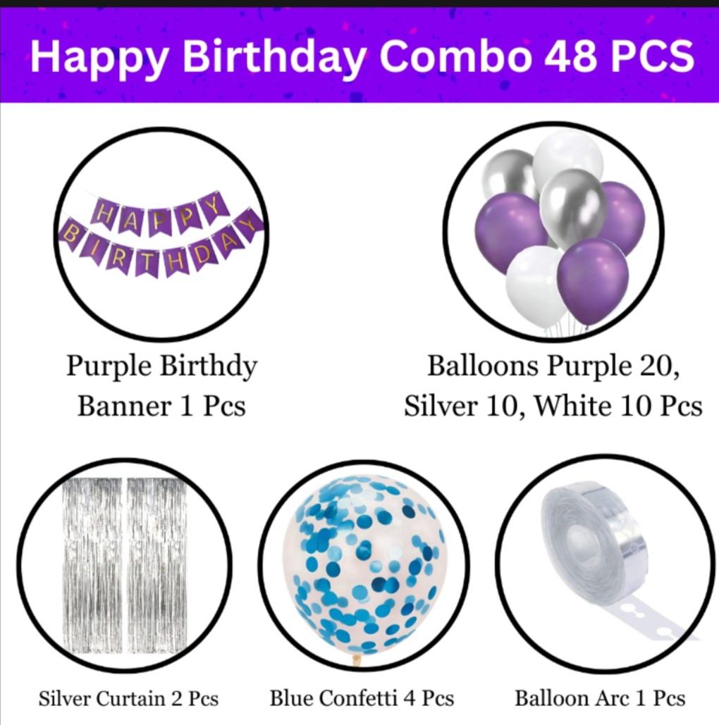 Picture of Purple Color Birthday Decoration Combo Pack With Birthday Banners, Silver Foil Curtains, Metallic Balloons, Blue Confetti and Balloon Garland Arch Decorations Kit Full Package- (Pack of 48 Pcs)