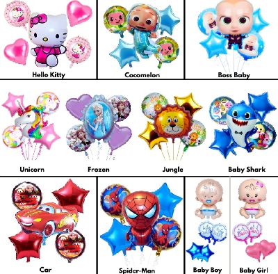 Picture of Character Foil Balloon Set for Party Decorations –Hello Kitty, Cocomelon, Boss Baby, Unicorn, Frozen, Jungle, Car & Spider-Man, Baby Boy & Girl Themes – Perfect for Kids’ Birthday Parties and Events – Pack of 5 pcs