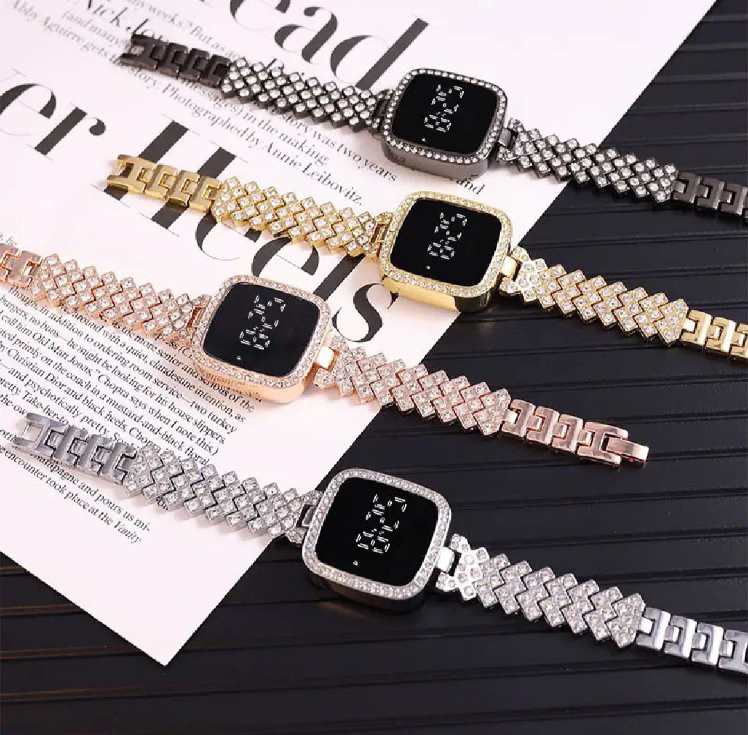 Picture of New Trend Fashion Steel Chain Diamond Women Watch Full Diamond Touch Screen LED Water Diamond Bracelet Watch