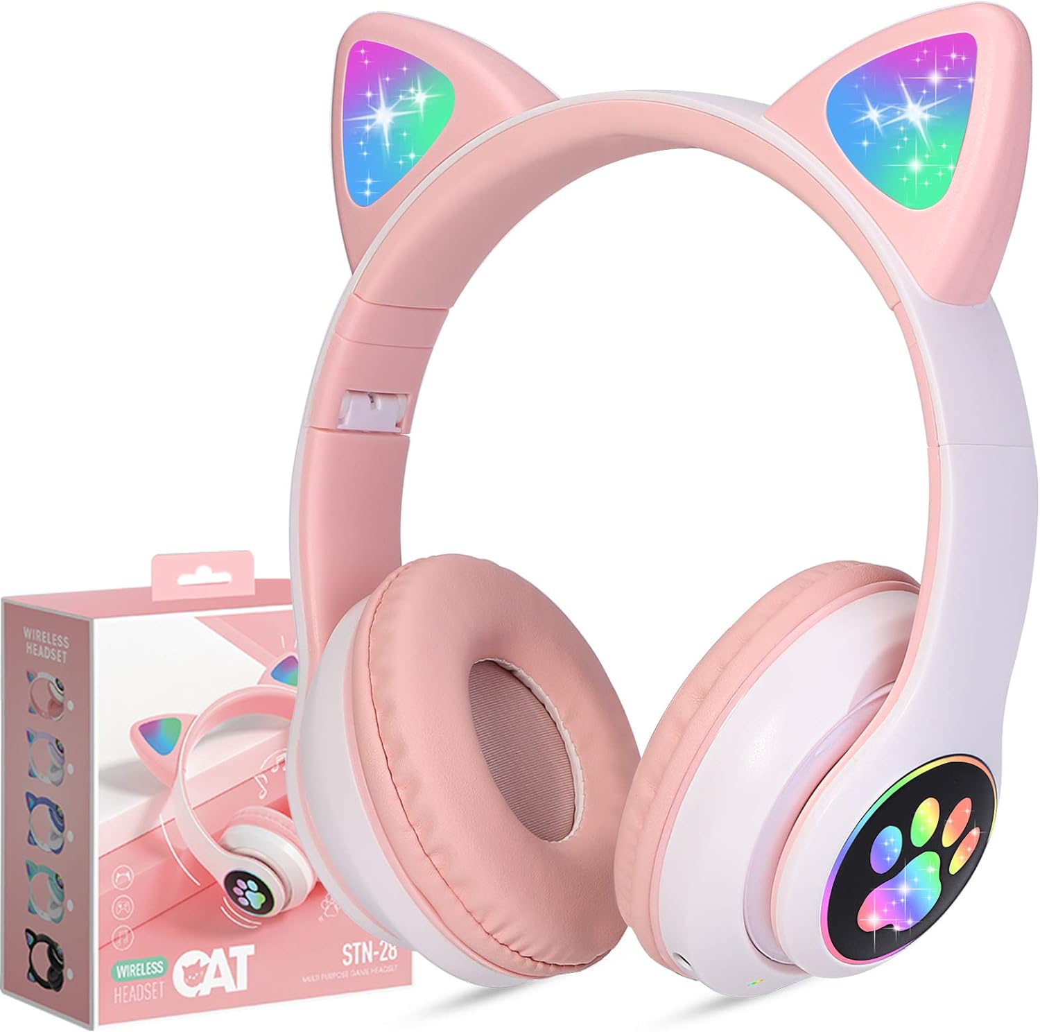Picture of STN-28 Over Ear Music Headset Glowing Cat Ear Headphones Foldable Wireless BT5.0 Earphone with Mic AUX in TF Card MP3 Player Colorful LED Lights for PC Laptop Computer Mobile Phone
