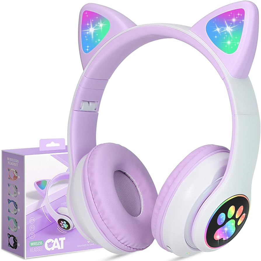 Picture of STN-28 Over Ear Music Headset Glowing Cat Ear Headphones Foldable Wireless BT5.0 Earphone with Mic AUX in TF Card MP3 Player Colorful LED Lights for PC Laptop Computer Mobile Phone