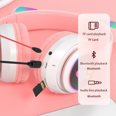 Picture of STN-28 Over Ear Music Headset Glowing Cat Ear Headphones Foldable Wireless BT5.0 Earphone with Mic AUX in TF Card MP3 Player Colorful LED Lights for PC Laptop Computer Mobile Phone