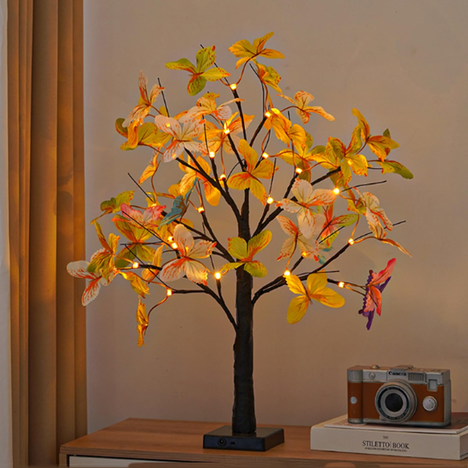 Picture of LED Butterfly Birch Tree Lights Artificial Tree Lamp Lighted Bonsai Tree 3 AA or USB Powered for Bedroom Fireplace Table Decoration(Black)