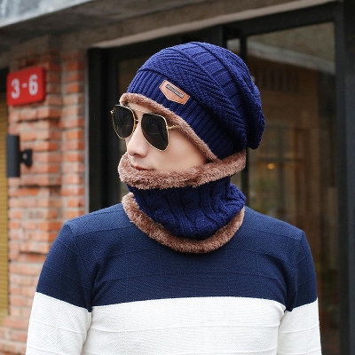 Picture of 2PCS Men Beanie Hat Scarf Set, Winter Soft Warm Wool Lined Thick Knitted Lining Cap+Circle Scarf Kit, For Men&Women