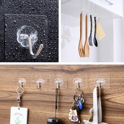 Picture of 10 Pieces Adhesive Hooks Transparent Wall Hooks Waterproof Oilproof Self Adhesive Hooks Seamless Hanging Hook For Kitchen Bathroom - Wall Hook