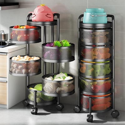 Picture of 5 Layers Kitchen Rotating Shelf 360 Degree Baskets Fruit Vegetable Storage Rack Floor Round Shelf With Wheels