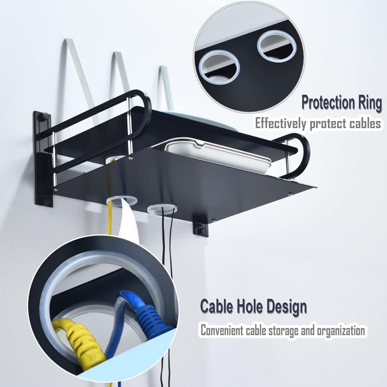 Picture of Layer Metal WiFi Router Stand, Wall Mount Shelf Bracket for Tv Box, Remote Control, Set Top Box, Aluminum, Black