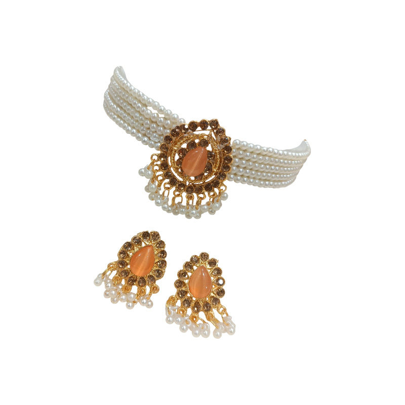 Picture of White, Magenta, gold, red & Pink Gold-Plated Pearls & CZ Studded Jewellery Set