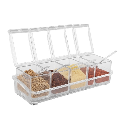 Picture of 4 Grid Acrylic Seasoning Spice Box Kit with Spoon Kitchen Masala Container Seasoning Organizers Crystal Spice Box, For Kitchen