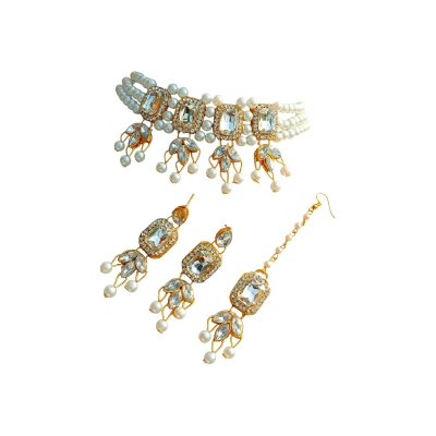 Picture of Flower Degain & White Pearl Choker Necklace With Earring For Women - Necklace