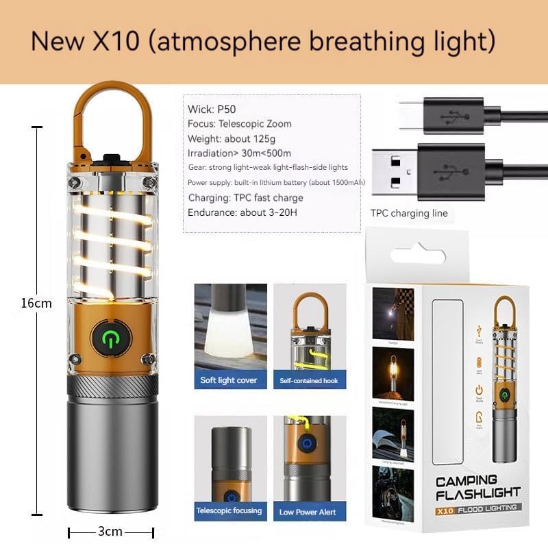 Picture of X10 Camping Flashlight in Bangladesh – Rechargeable LED Torch with USB Type-C Fast Charging & Long Battery Backup