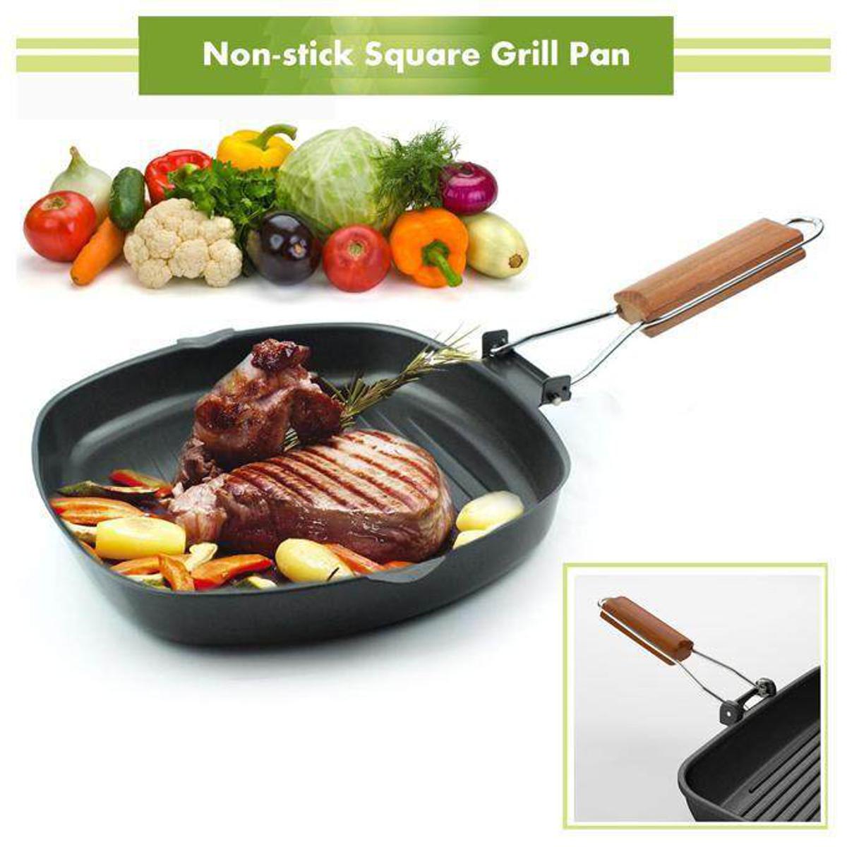 Picture of Non-stick square wooden handle BBQ grill pan,Steak Frying Pan,Non-Stick Frying Pan Wooden Handle Folding,for Kitchen Fry Cooking Steak 20cm-Black