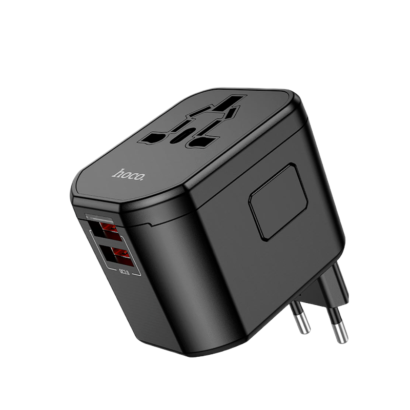 Picture of Hoco AC15 Universal Travel Charger | 20 W USB‑C PD + 2×18 W USB‑A | Built‑In AC Socket 110/230 V | Foldable US/EU/UK/AU Plugs | Flame‑Retardant PC Shell | Fast Charge QC/FCP/AFC