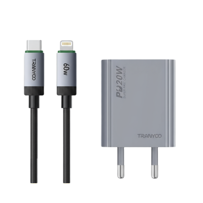 Picture of Tranyoo | T‑EU7L | 20W Fast Charger Adapter with USB‑C to Lightning Cable | PD Quick Charge (5V/3A & 9V/2.22A) | Fireproof Design | iPhone / iPad Compatible