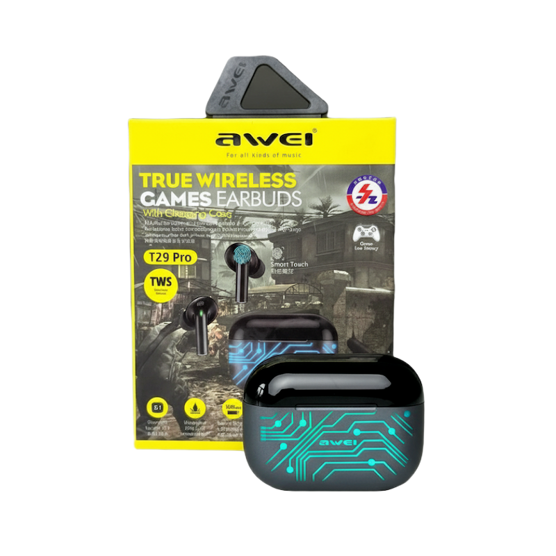 Picture of Awei | T29 Pro TWS Wireless Earbuds | Bluetooth 5.2 (AB1562F) | Up to 8h Playtime, 500mAh Charging Case | Type-C Fast Charging, RGB Gaming Case, Low-Latency Mode | For Android & iPhone