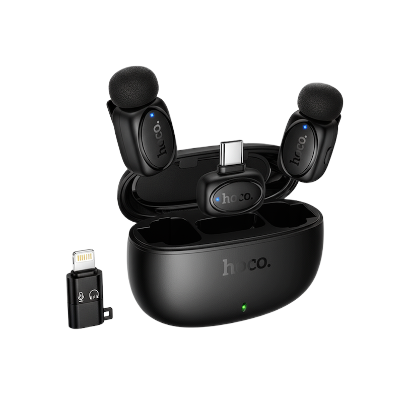 Picture of HOCO | L19 “Graceful” Dual Wireless Lavalier Microphone | 2 Mics + 1 Receiver (Type-C with Lightning Adapter) | 20m Range | 300mAh Charging Case, 60mAh Mics | Plug-and-Play for Android & iPhone.