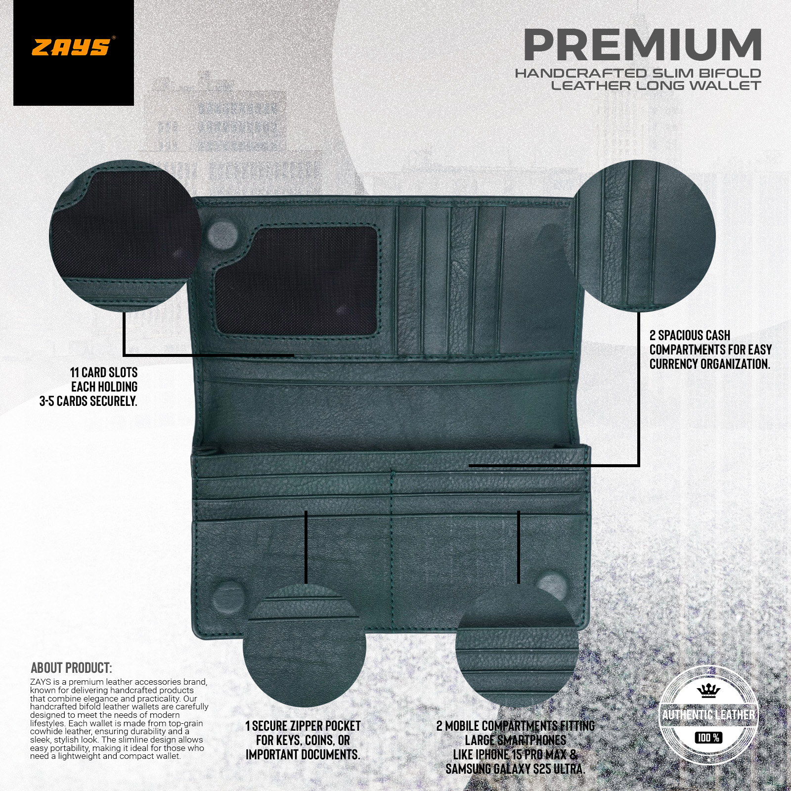 Picture of Zays Handcrafted Premium Eco-Friendly Leather Long Wallet for Mobile & Many things – Slim, Durable & Stylish Wallet for Unisex – Top-Grain Leather, Compact & Lightweight (Deep green)