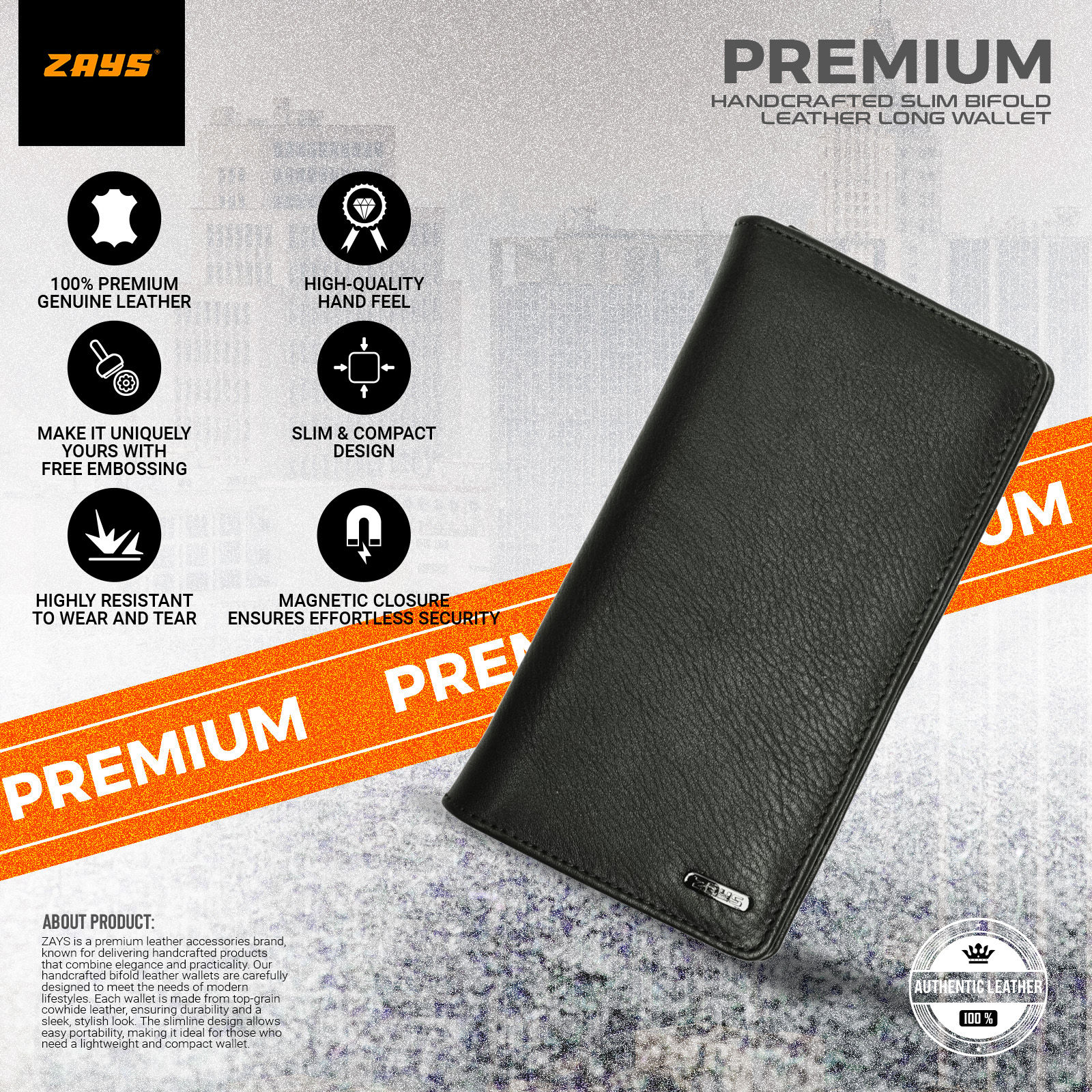 Picture of Zays Handcrafted Premium Eco-Friendly Leather Long Wallet for Mobile & Many things – Slim, Durable & Stylish Wallet for Unisex – Top-Grain Leather, Compact & Lightweight (Black)