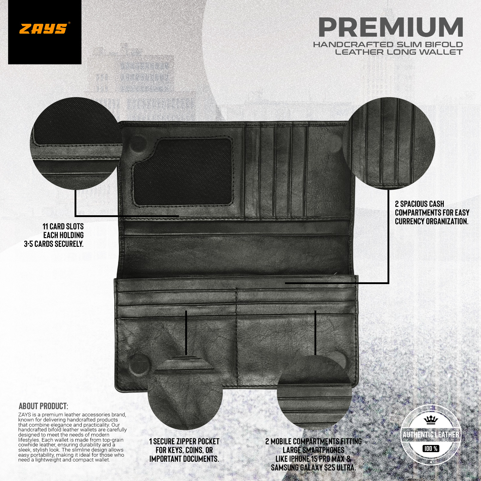 Picture of Zays Handcrafted Premium Eco-Friendly Leather Long Wallet for Mobile & Many things – Slim, Durable & Stylish Wallet for Unisex – Top-Grain Leather, Compact & Lightweight (Black)