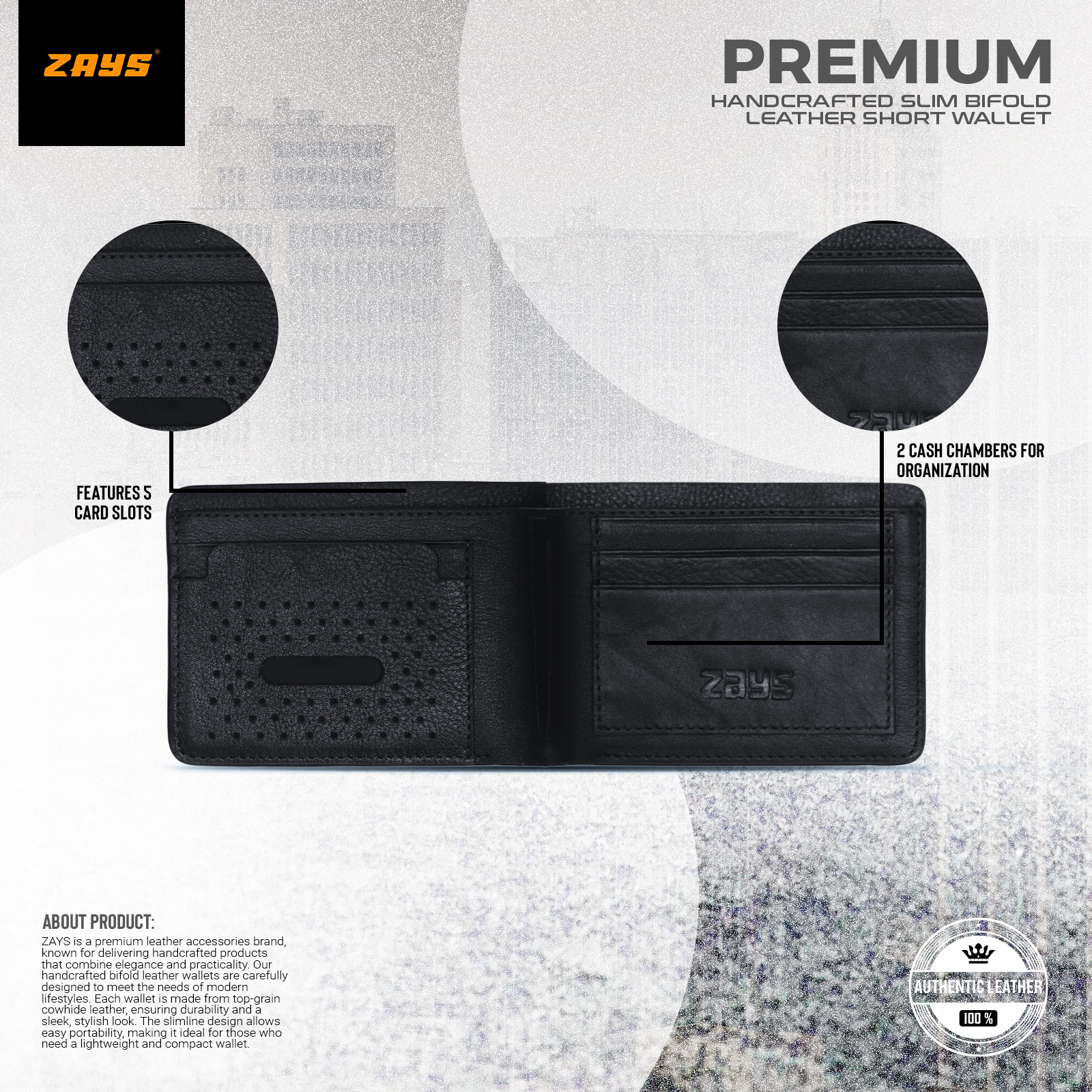 Picture of Zays Handcrafted Premium Eco-Friendly Leather Bifold Wallet – Slim, Durable & Stylish Short Wallet for Unisex – Top-Grain Leather, Compact & Lightweight (Black)