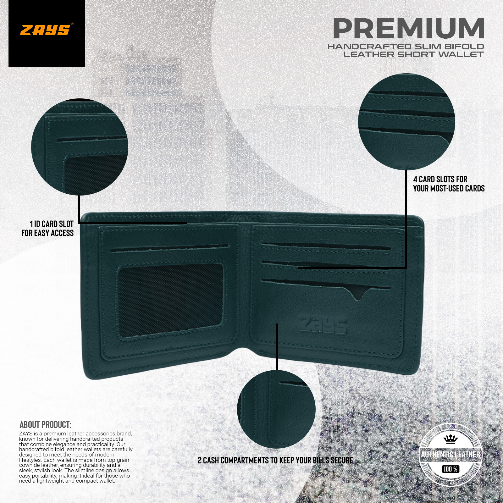 Picture of Zays Handcrafted Premium Eco-Friendly Leather Bifold Wallet – Slim, Durable & Stylish Short Wallet for Unisex – Top-Grain Leather, Compact & Lightweight (Deep green)