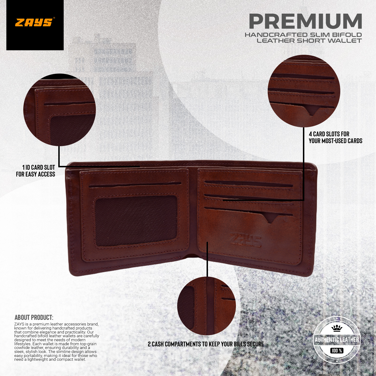 Picture of Zays Handcrafted Premium Eco-Friendly Leather Bifold Wallet – Slim, Durable & Stylish Short Wallet for Unisex – Top-Grain Leather, Compact & Lightweight (Chocolate Color)