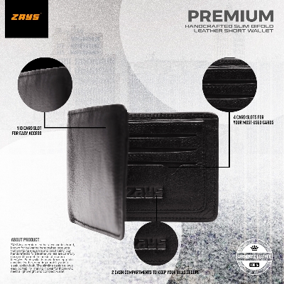 Picture of Zays Handcrafted Premium Eco-Friendly Leather Bifold Wallet – Slim, Durable & Stylish Short Wallet for Unisex – Top-Grain Leather, Compact & Lightweight (Black)