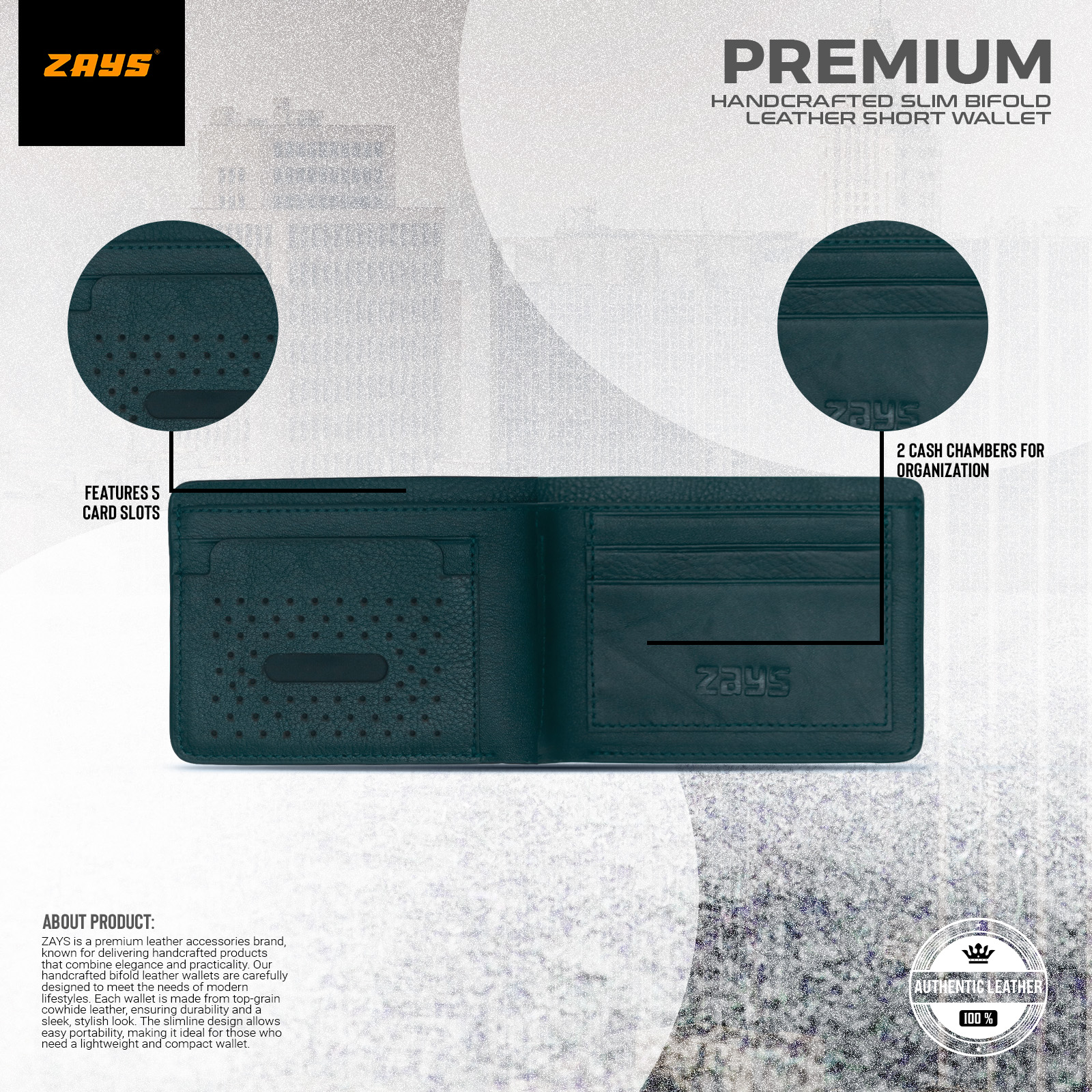 Picture of Zays Premium Handcrafted Slim Bifold Leather Short Wallet for Men & Women - Personalized Top-Grain Leather Wallet - Compact, Durable & Stylish