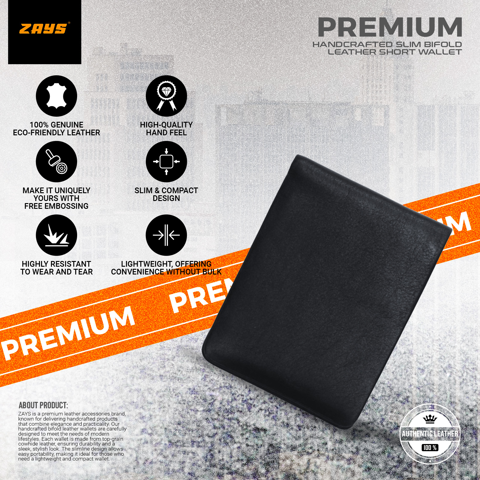 Picture of Zays Premium Handcrafted Slim Bifold Leather Short Wallet for Men & Women - Personalized Top-Grain Leather Wallet - Compact, Durable & Stylish (Black)