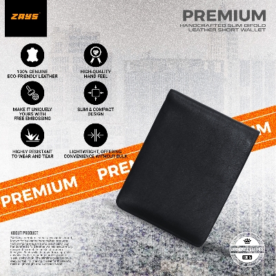 Picture of Zays Premium Handcrafted Slim Bifold Leather Short Wallet for Men & Women - Personalized Top-Grain Leather Wallet - Compact, Durable & Stylish (Black)