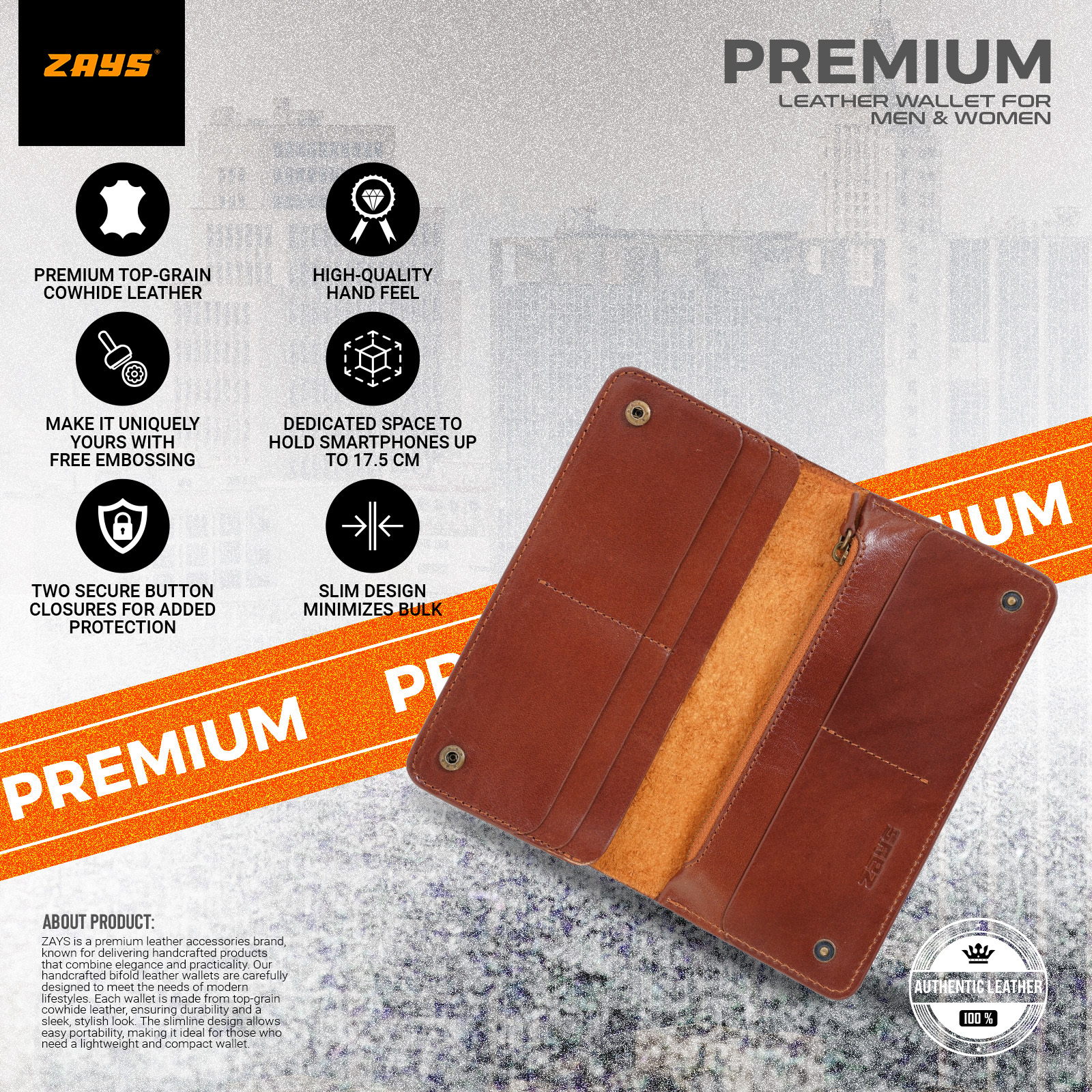 Picture of Zays Premium Genuine Leather Long Wallet for Men & Women | Elegant Design, Spacious Card & Mobile Slots | Durable Full-Grain Leather Accessory for Everyday & Travel (Brown)
