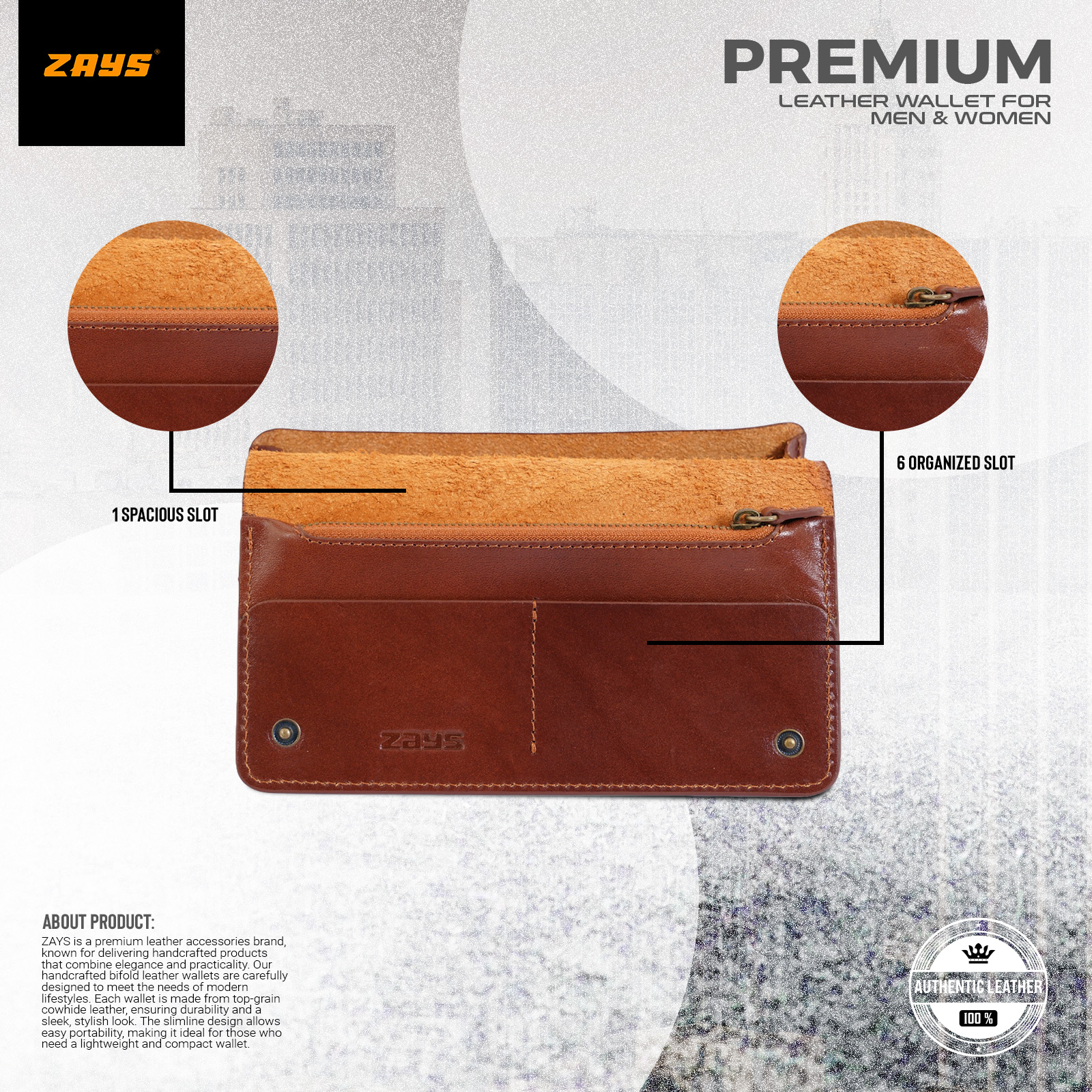 Picture of Zays Premium Genuine Leather Long Wallet for Men & Women | Elegant Design, Spacious Card & Mobile Slots | Durable Full-Grain Leather Accessory for Everyday & Travel (Brown)