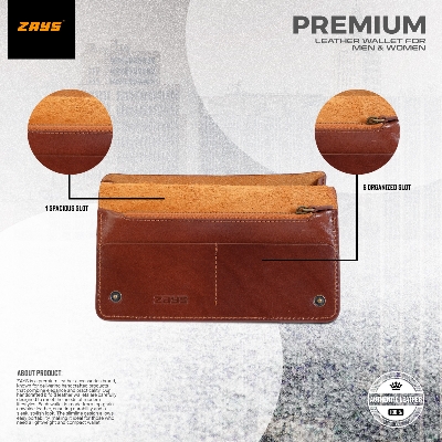 Picture of Zays Premium Genuine Leather Long Wallet for Men & Women | Elegant Design, Spacious Card & Mobile Slots | Durable Full-Grain Leather Accessory for Everyday & Travel (Brown)